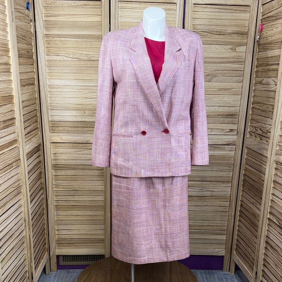 Karen Scott Dresses & Skirts - Karen Scott Pink White Plaid Skirt Blouse Blazer Suit 3-Piece Set 14-16 VIntage